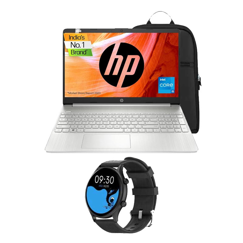 Picture of HP 15s - 12th Gen Intel Core i5-1235U 15.6" 15s-fq5329TU Thin & Light Laptop (8GB/ 512GB SSD / Full HD Display/ Intel UHD Graphics/ Windows 11 Home/ MS Office/ 1 Year Warranty/ Natural Silver/ 1.69kg) + Smart Watch+ Laptop Bag